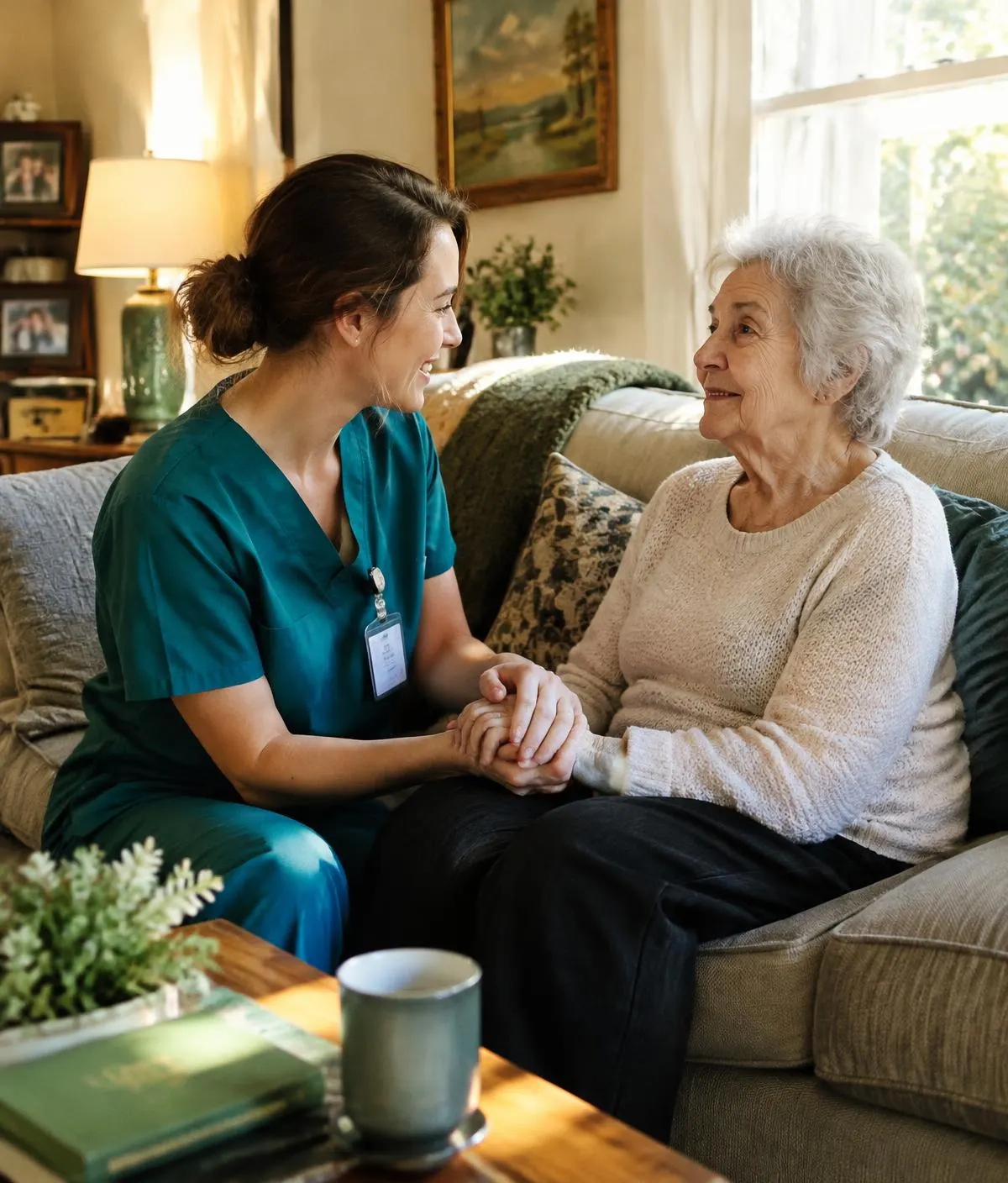 A caregiver holding an older woman's hand at home