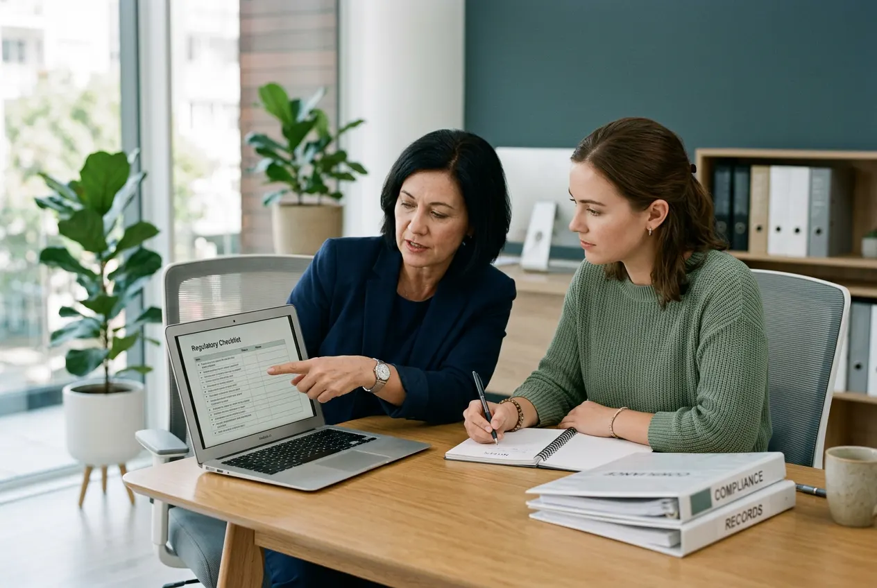 Two colleagues reviewing a compliance checklist together at a conference table