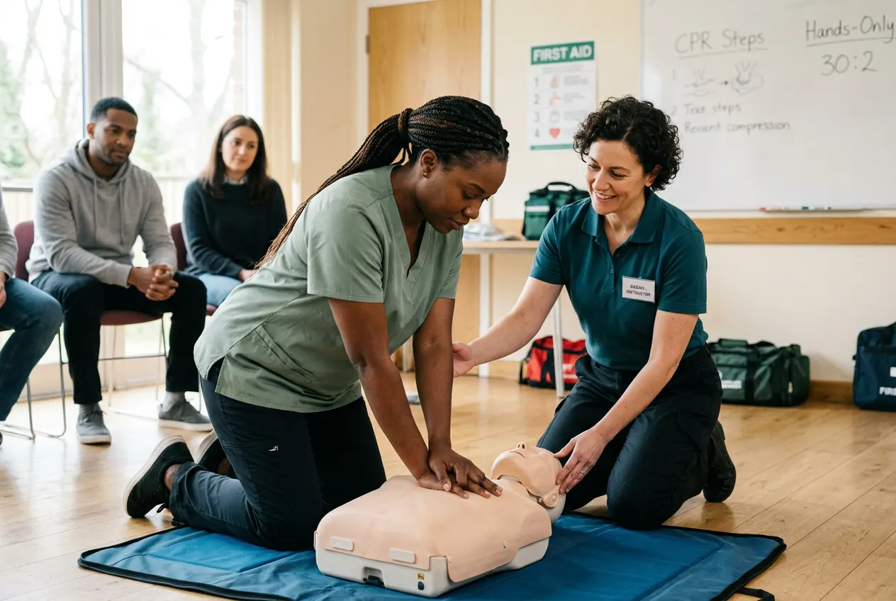 A caregiver practising chest compressions on a CPR training manikin while an instructor guides her hands