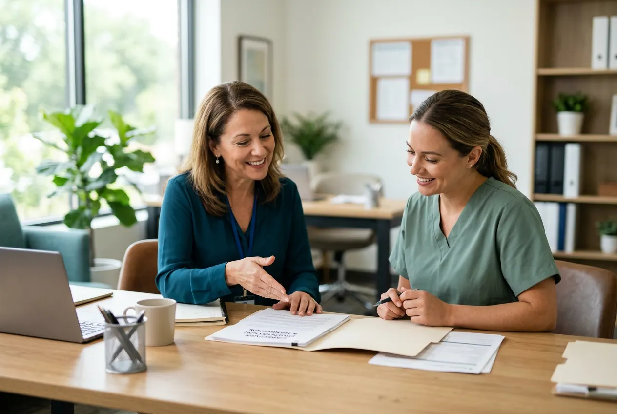 An agency manager reviewing orientation paperwork with a new caregiver employee