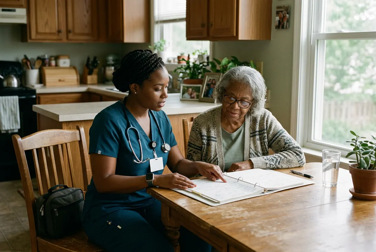 A registered nurse reviewing a care chart with an older adult client at a kitchen table